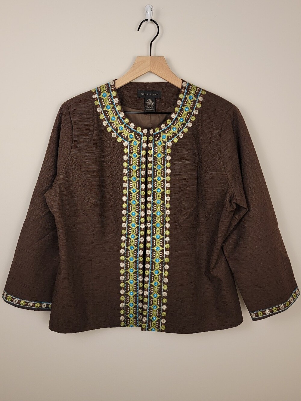 Silk Land Brown Embroidered Beaded Collarless Silk Jacket Open Front Women L